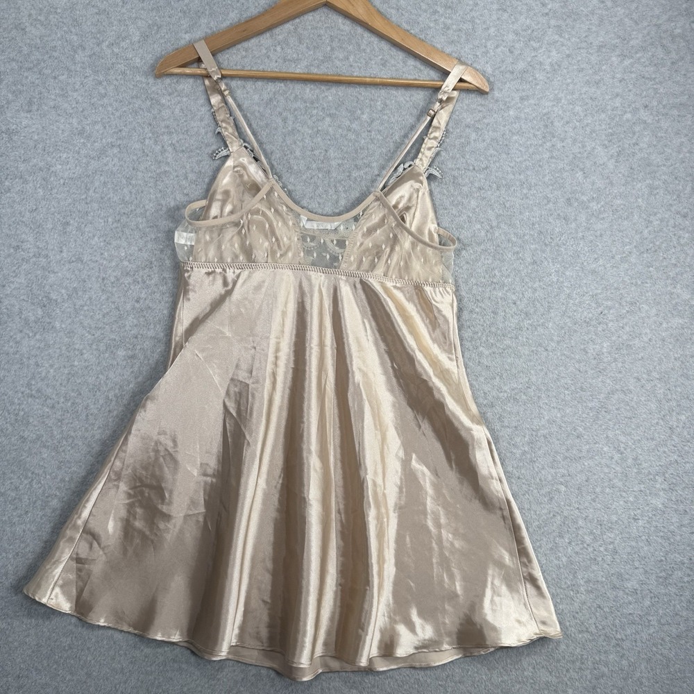 Flora Champagne Satin Chemise Slip Dress Size M Lace Trim V-Neck Babydoll Fairy - Picture 8 of 11
